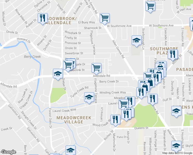 map of restaurants, bars, coffee shops, grocery stores, and more near 5602 Allendale Rd in Houston