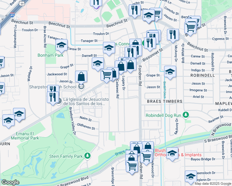map of restaurants, bars, coffee shops, grocery stores, and more near 8703 Bonhomme Road in Houston