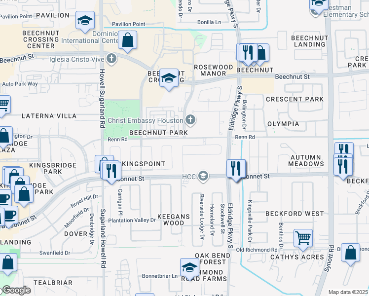 map of restaurants, bars, coffee shops, grocery stores, and more near 13826 Evansdale Lane in Houston