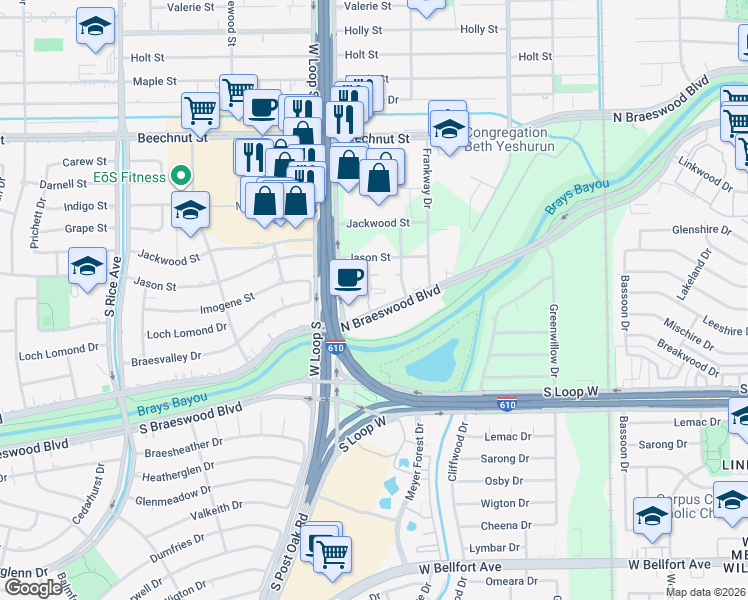 map of restaurants, bars, coffee shops, grocery stores, and more near 4620 North Braeswood Boulevard in Houston