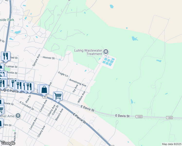 map of restaurants, bars, coffee shops, grocery stores, and more near 621 Willow Avenue in Luling