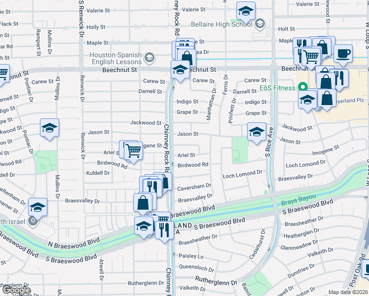 map of restaurants, bars, coffee shops, grocery stores, and more near 5226 Imogene Street in Houston