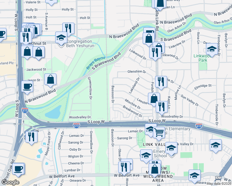 map of restaurants, bars, coffee shops, grocery stores, and more near 4122 Leeshire Drive in Houston
