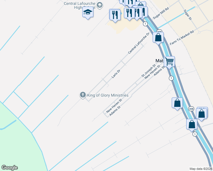 map of restaurants, bars, coffee shops, grocery stores, and more near 231 Laris Drive in Raceland