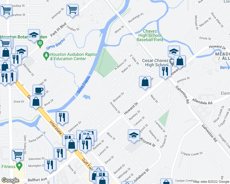 map of restaurants, bars, coffee shops, grocery stores, and more near 8250 Glenview Drive in Houston
