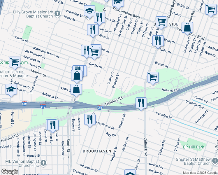 map of restaurants, bars, coffee shops, grocery stores, and more near 7309 Conley Street in Houston