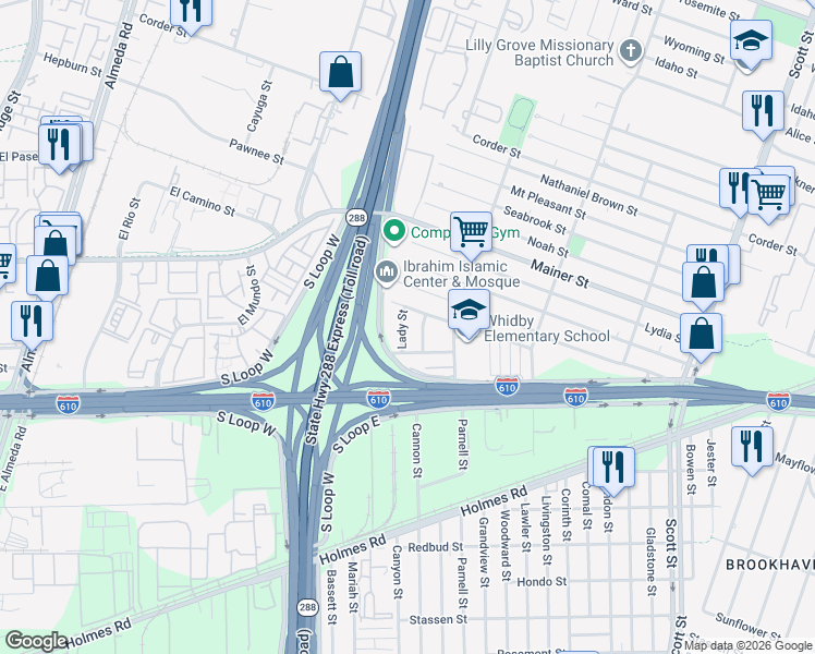 map of restaurants, bars, coffee shops, grocery stores, and more near 3422 Bacon Street in Houston