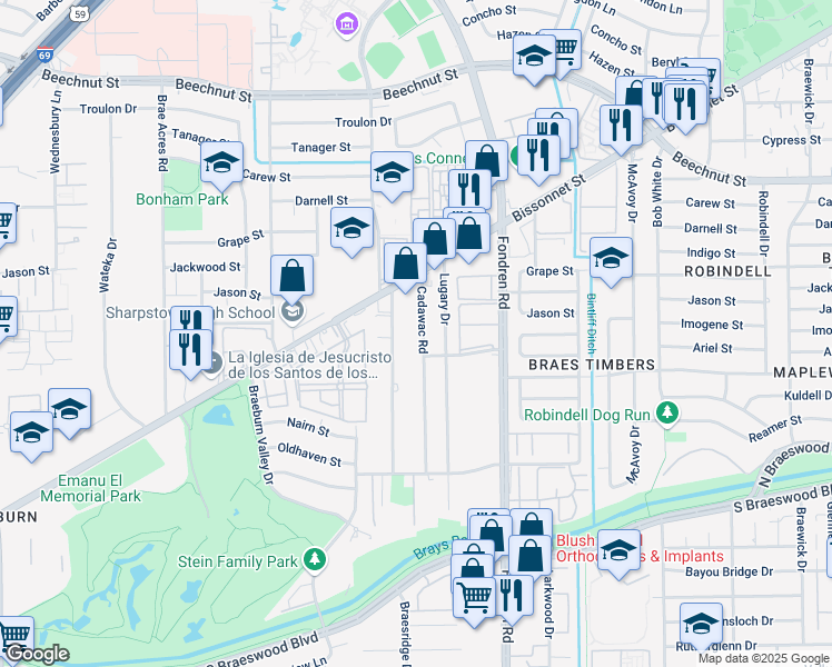 map of restaurants, bars, coffee shops, grocery stores, and more near 8703 Bonhomme Road in Houston