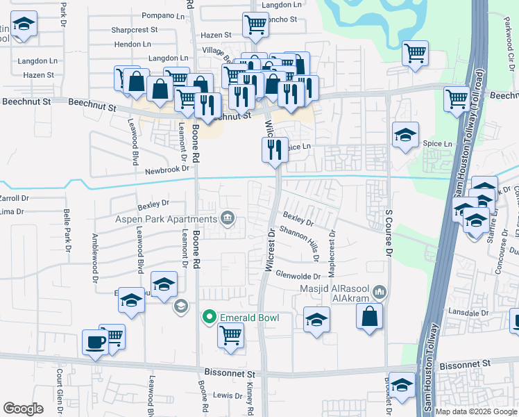 map of restaurants, bars, coffee shops, grocery stores, and more near 10920 Bexley Drive in Houston
