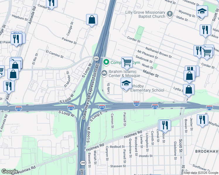 map of restaurants, bars, coffee shops, grocery stores, and more near 3422 Bacon Street in Houston
