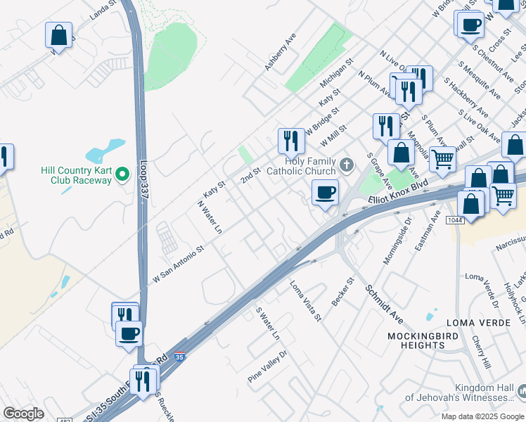 map of restaurants, bars, coffee shops, grocery stores, and more near 2684 West San Antonio Street in New Braunfels