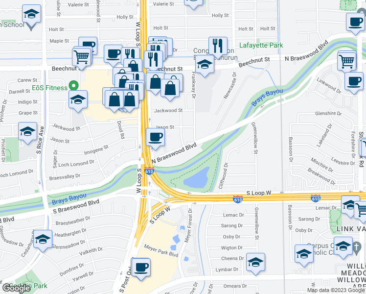 map of restaurants, bars, coffee shops, grocery stores, and more near 4602 North Braeswood Boulevard in Houston