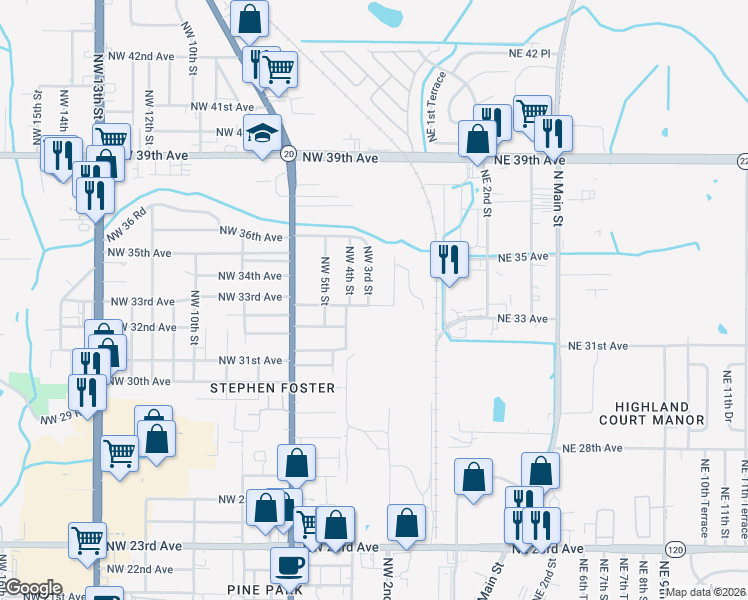 map of restaurants, bars, coffee shops, grocery stores, and more near 3319 Northwest 3rd Street in Gainesville