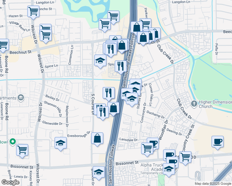map of restaurants, bars, coffee shops, grocery stores, and more near 9370 West Sam Houston Parkway South in Houston