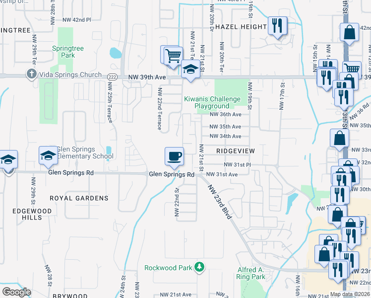 map of restaurants, bars, coffee shops, grocery stores, and more near 2930 Northwest 31st Avenue in Gainesville