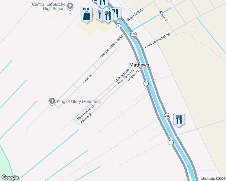 map of restaurants, bars, coffee shops, grocery stores, and more near 300-398 New Haven Street in Raceland