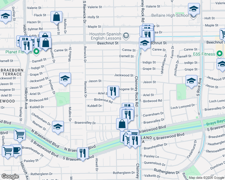 map of restaurants, bars, coffee shops, grocery stores, and more near 5426 Imogene Street in Houston