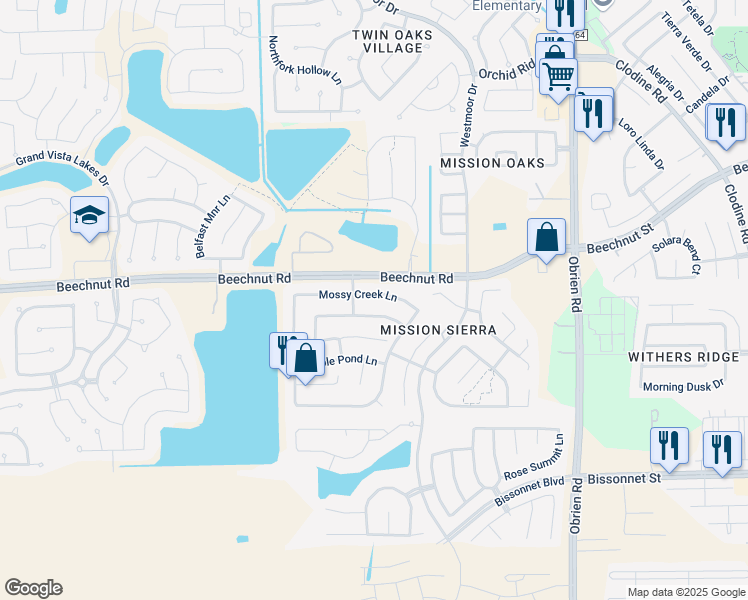 map of restaurants, bars, coffee shops, grocery stores, and more near 18130 Mossy Creek Lane in Richmond