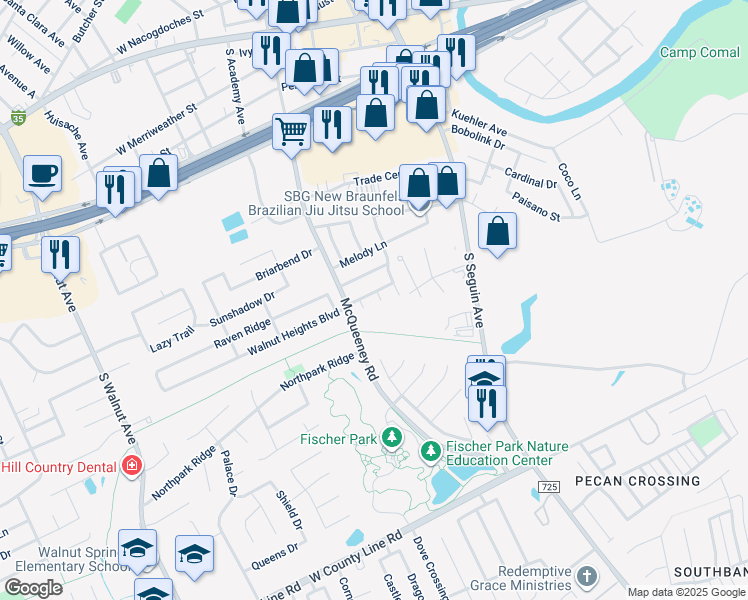 map of restaurants, bars, coffee shops, grocery stores, and more near 22 Sable Circle in New Braunfels