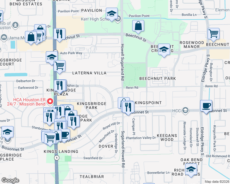 map of restaurants, bars, coffee shops, grocery stores, and more near 14119 Renn Road in Houston