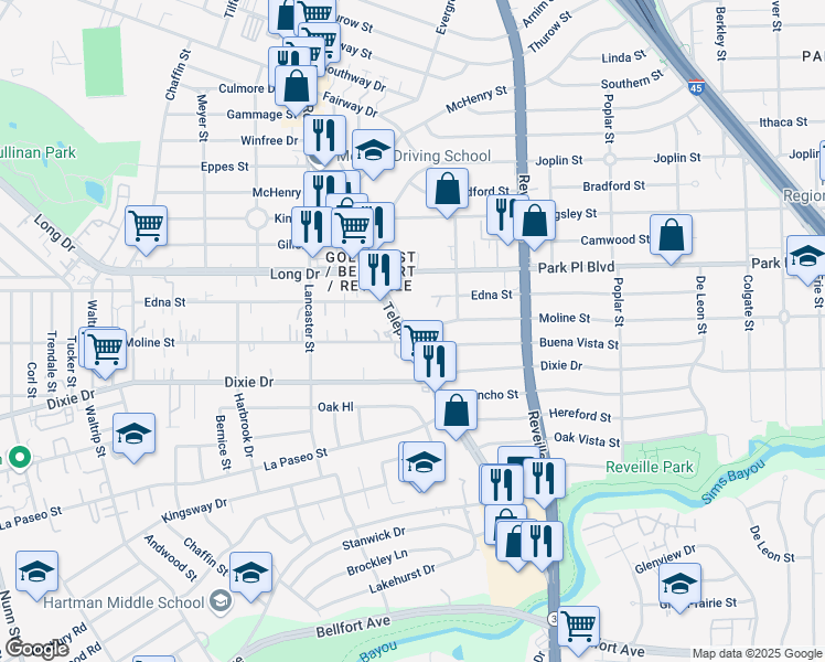 map of restaurants, bars, coffee shops, grocery stores, and more near 5631 Telephone Road in Houston
