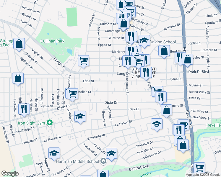 map of restaurants, bars, coffee shops, grocery stores, and more near 7203 Moline Street in Houston