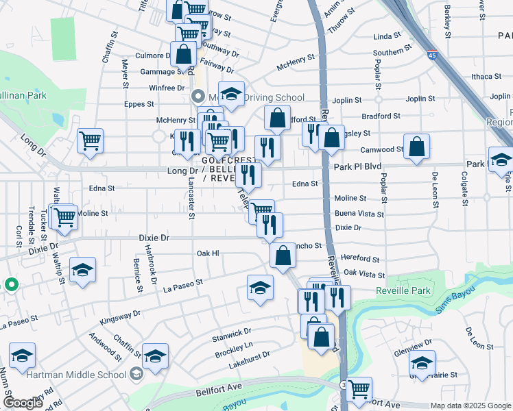 map of restaurants, bars, coffee shops, grocery stores, and more near 5631 Telephone Road in Houston