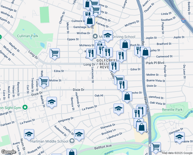map of restaurants, bars, coffee shops, grocery stores, and more near 7310 Edna Street in Houston