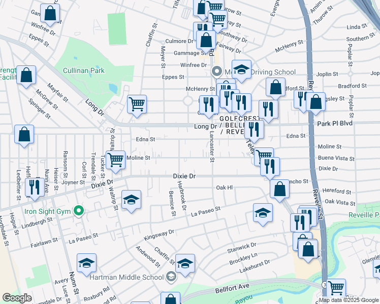 map of restaurants, bars, coffee shops, grocery stores, and more near 7203 Moline Street in Houston