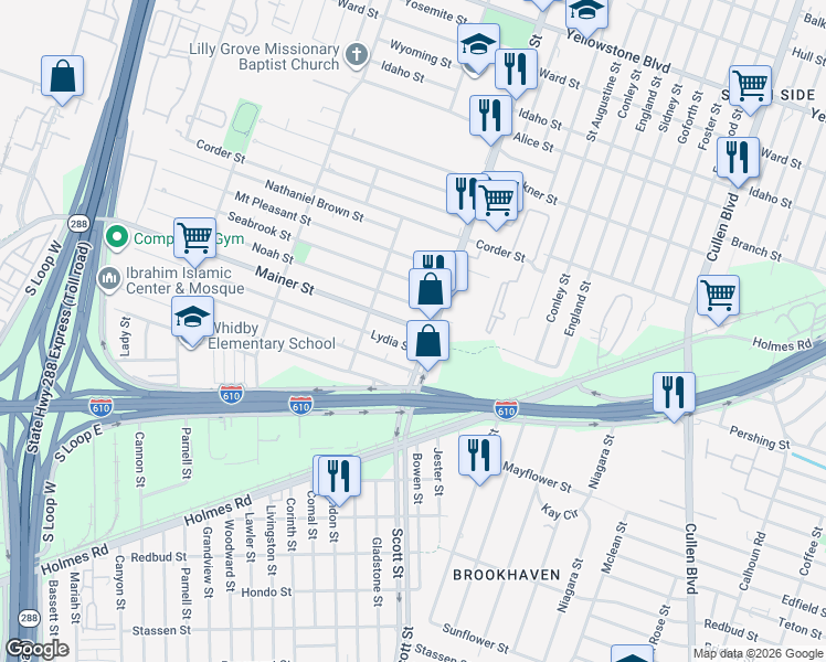 map of restaurants, bars, coffee shops, grocery stores, and more near 3825 Mainer Street in Houston