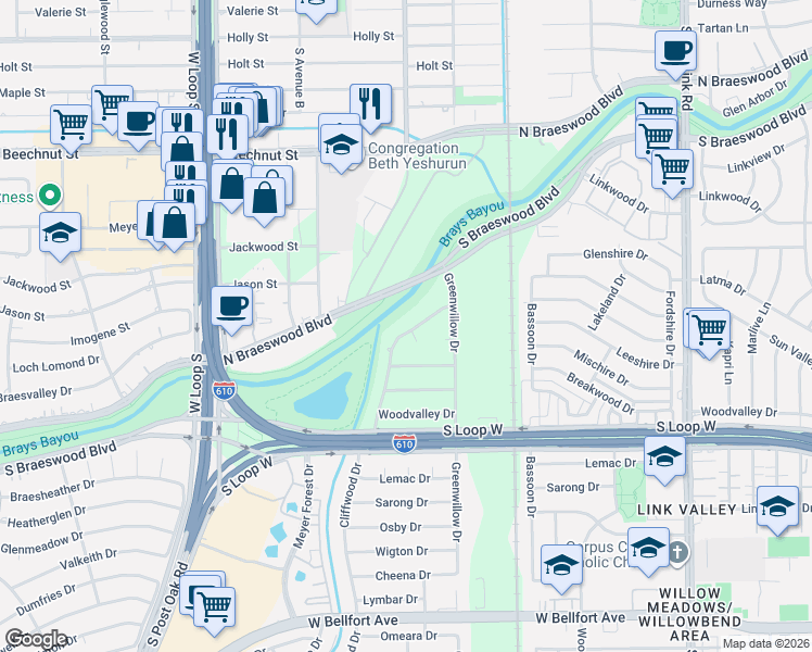map of restaurants, bars, coffee shops, grocery stores, and more near 9106 Cliffwood Drive in Houston