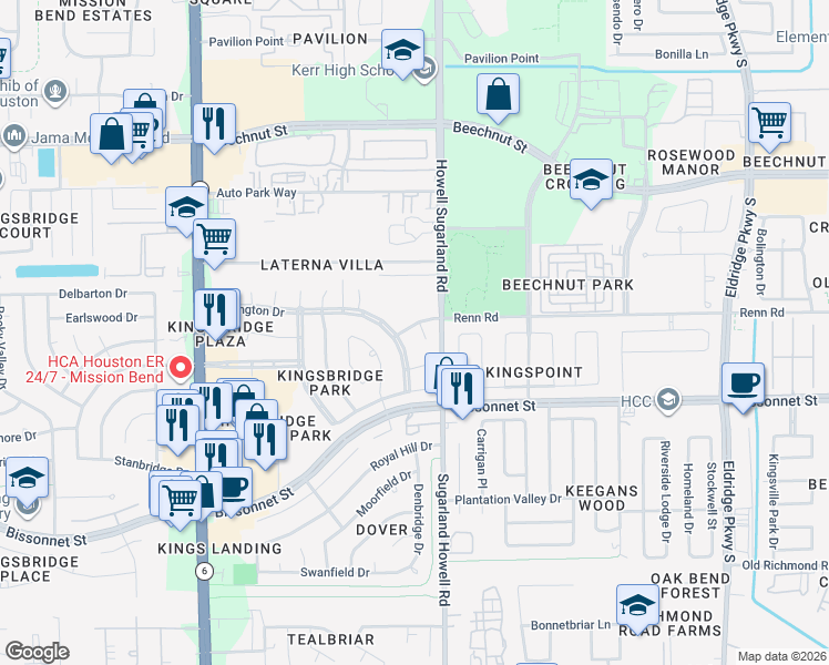map of restaurants, bars, coffee shops, grocery stores, and more near 14119 Renn Road in Houston