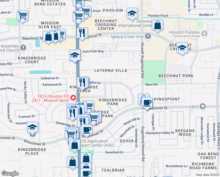 map of restaurants, bars, coffee shops, grocery stores, and more near 8803 Emerald Heights Lane in Houston