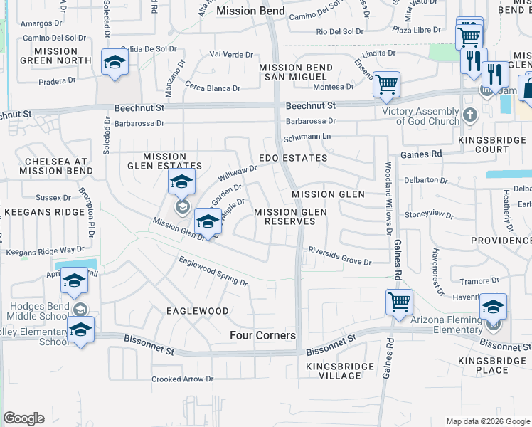 map of restaurants, bars, coffee shops, grocery stores, and more near 8426 Ashlawn Drive in Houston