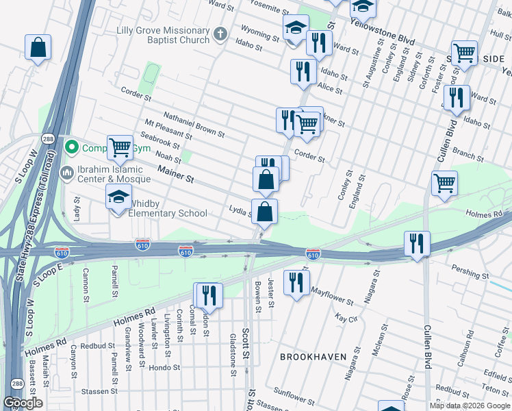 map of restaurants, bars, coffee shops, grocery stores, and more near 3825 Mainer Street in Houston