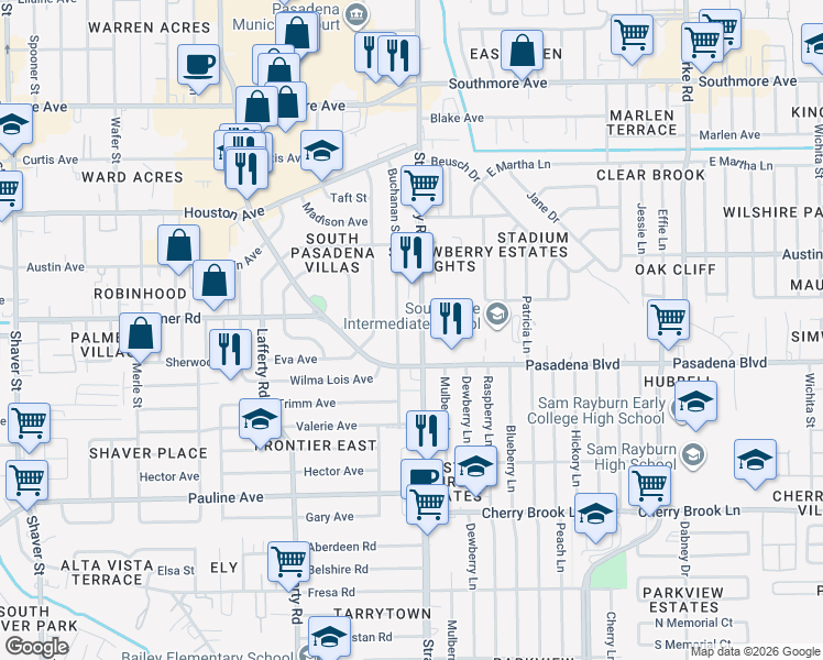 map of restaurants, bars, coffee shops, grocery stores, and more near 1932 Strawberry Road in Pasadena