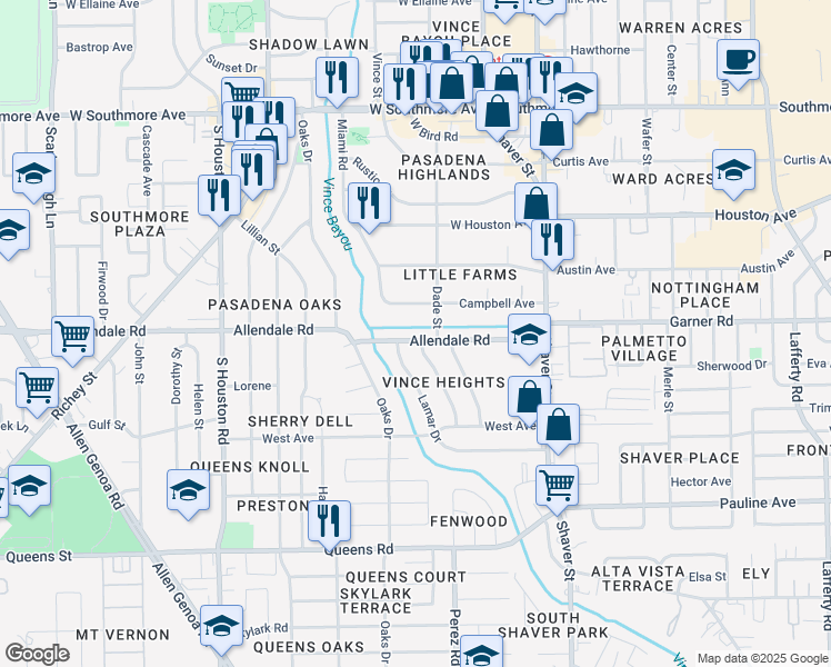 map of restaurants, bars, coffee shops, grocery stores, and more near 308 Allendale Road in Pasadena