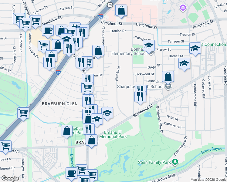 map of restaurants, bars, coffee shops, grocery stores, and more near 8802 Wateka Drive in Houston