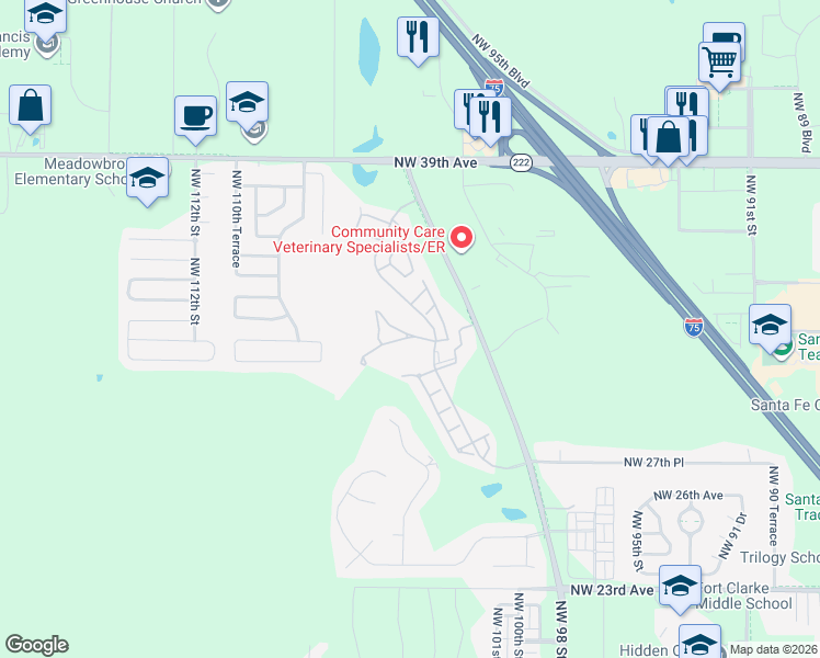 map of restaurants, bars, coffee shops, grocery stores, and more near 10341 Northwest 33rd Lane in Gainesville