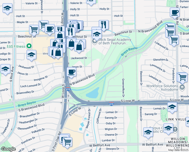 map of restaurants, bars, coffee shops, grocery stores, and more near 4445 North Braeswood Boulevard in Houston