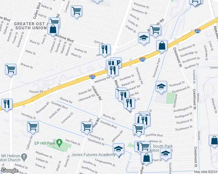 map of restaurants, bars, coffee shops, grocery stores, and more near 5201 Bataan Road in Houston