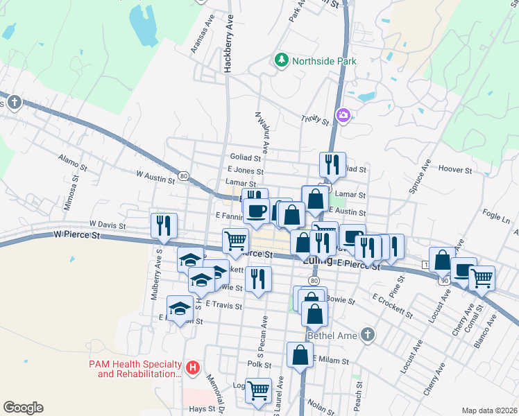 map of restaurants, bars, coffee shops, grocery stores, and more near 213 Walnut Avenue in Luling