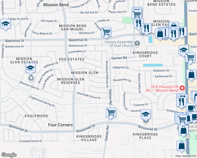 map of restaurants, bars, coffee shops, grocery stores, and more near 15407 Town Green Drive in Houston