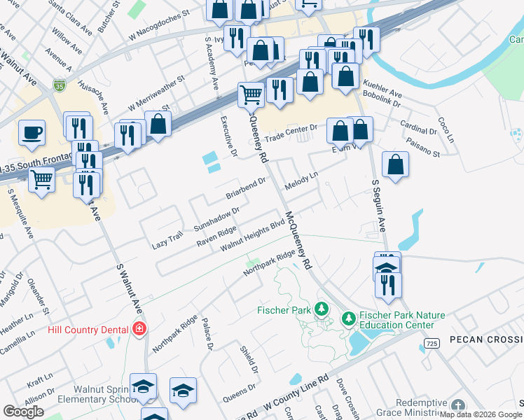 map of restaurants, bars, coffee shops, grocery stores, and more near 1881 Brockton Drive in New Braunfels