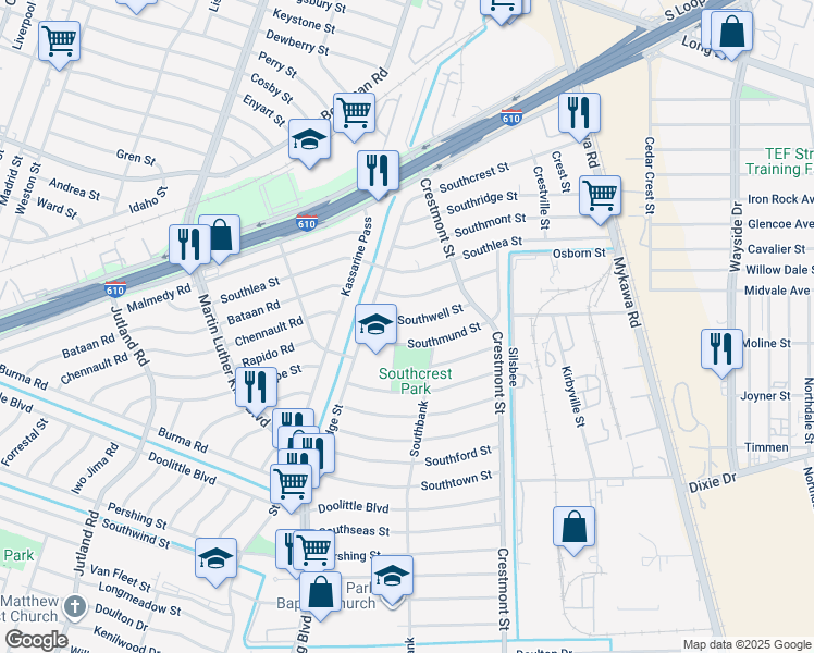map of restaurants, bars, coffee shops, grocery stores, and more near 5830 Southwell Street in Houston