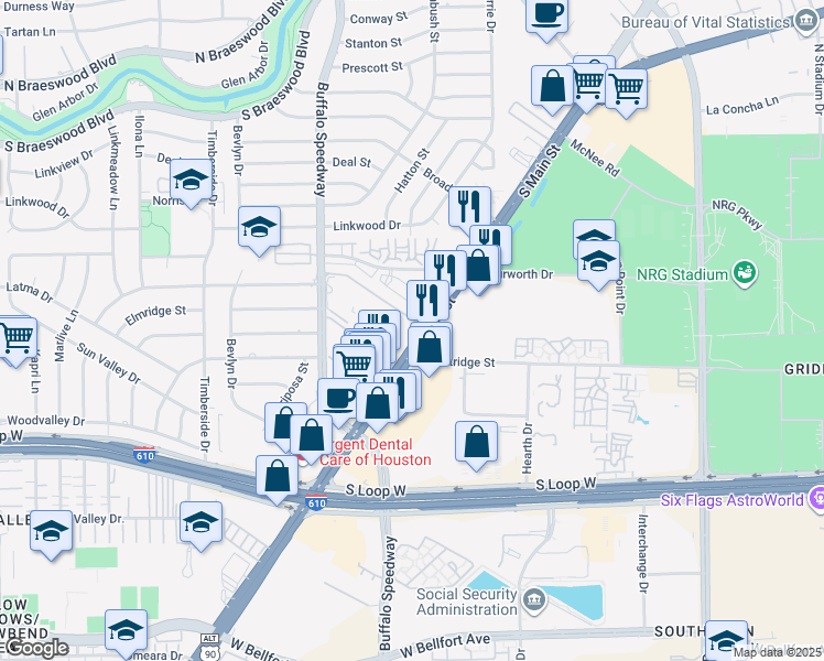 map of restaurants, bars, coffee shops, grocery stores, and more near 9330 South Main Street in Houston
