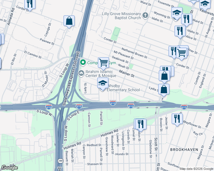 map of restaurants, bars, coffee shops, grocery stores, and more near 3635 Rebecca Street in Houston