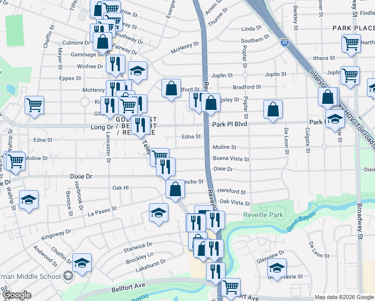 map of restaurants, bars, coffee shops, grocery stores, and more near 7518 Moline Street in Houston