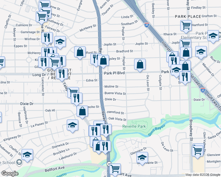 map of restaurants, bars, coffee shops, grocery stores, and more near 7622 Moline Street in Houston