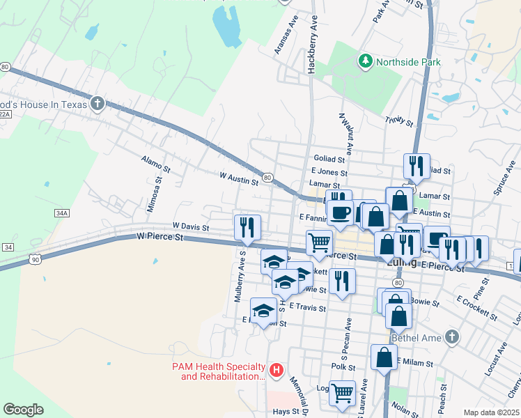 map of restaurants, bars, coffee shops, grocery stores, and more near 120 West Fannin Street in Luling